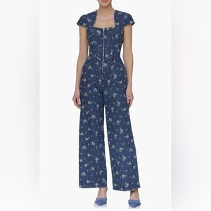 $249 MSRP Avec Les Filles Floral Cap Sleeve Corset Wide Leg Denim Jumpsuit sz 8